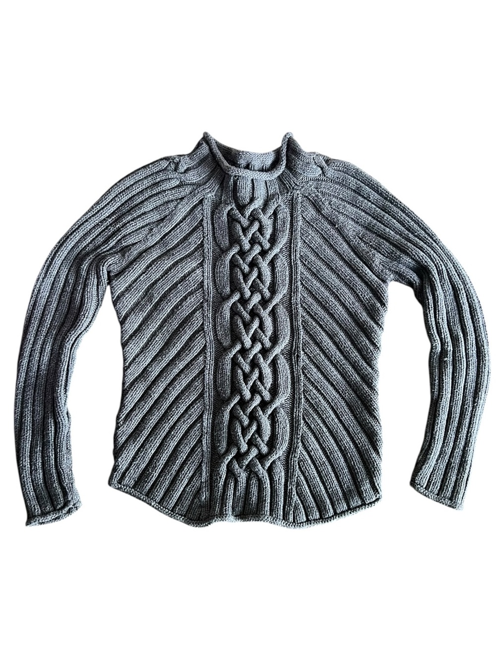 Bob Timberlake Sweater Women M Gray Cotton Roll Neck Celtic Cable Knit Fisherman